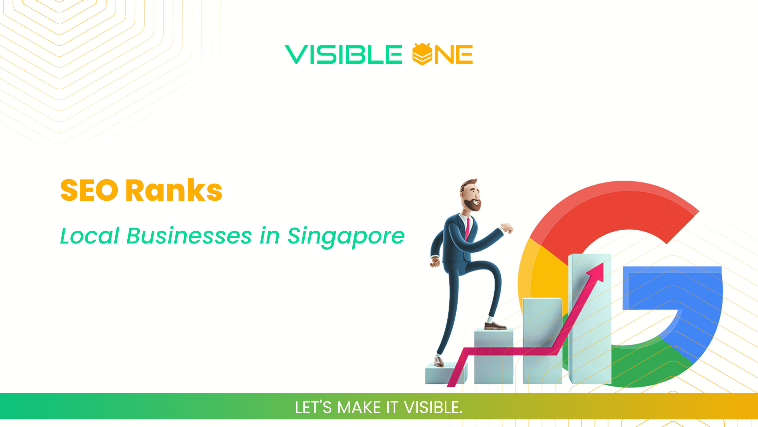 Illustration of a man stepping up a growth chart with SEO Ranks and Local Businesses in Singapore highlighted